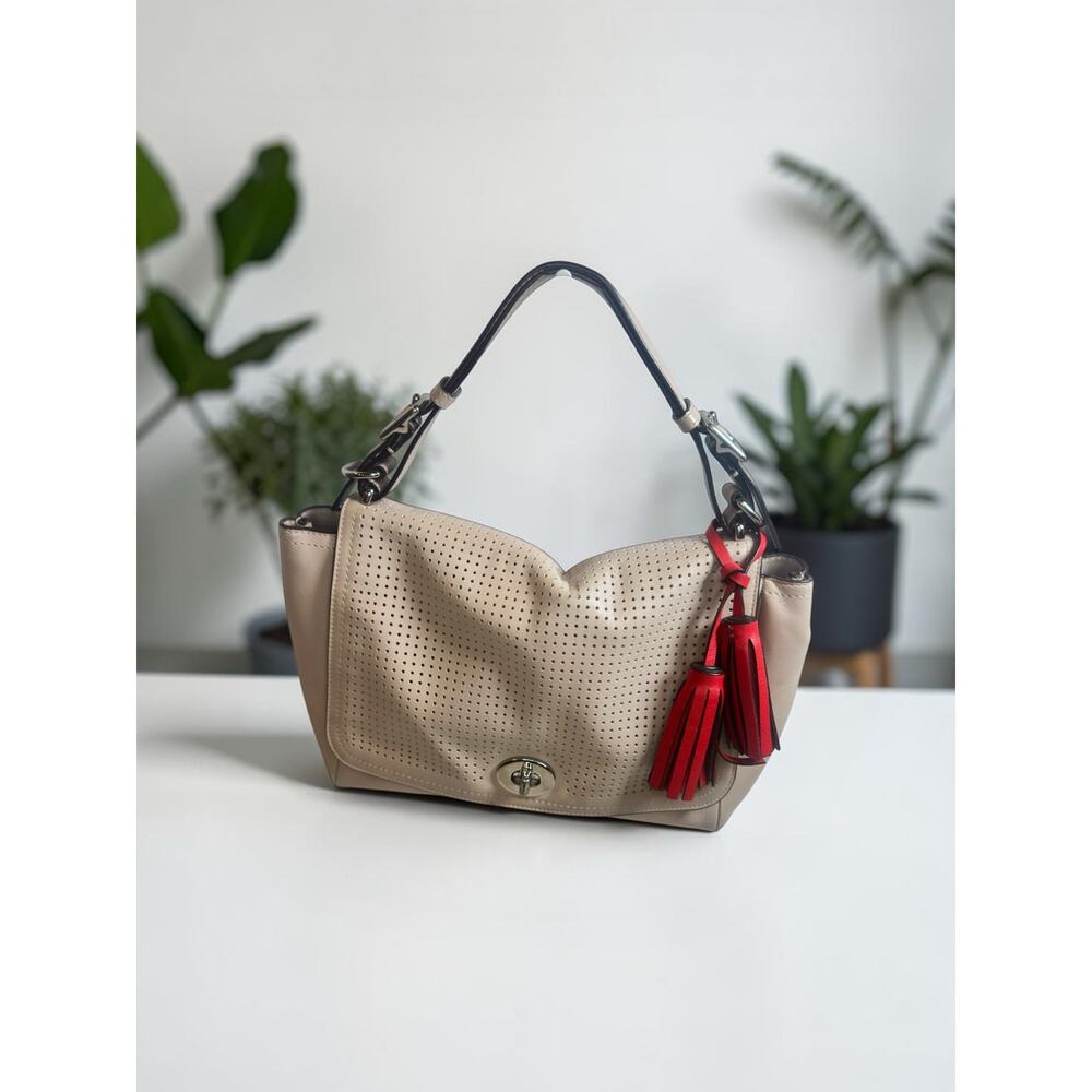Coach Beige Perforated Leather Shoulder Bag Red Tassel Turnlock